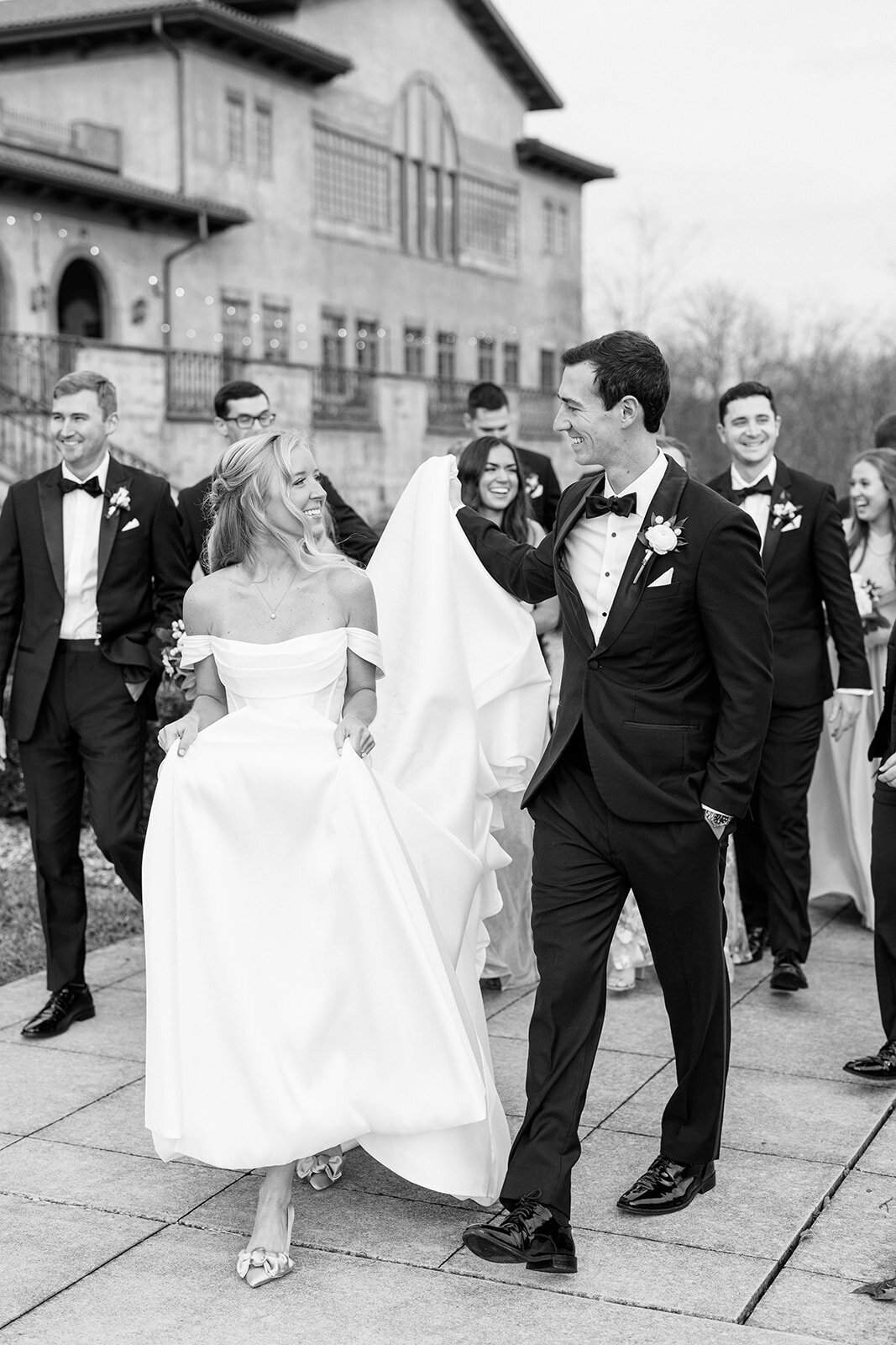 Black and white wedding party at a Columbus venue shot by Philadelphia photographer.