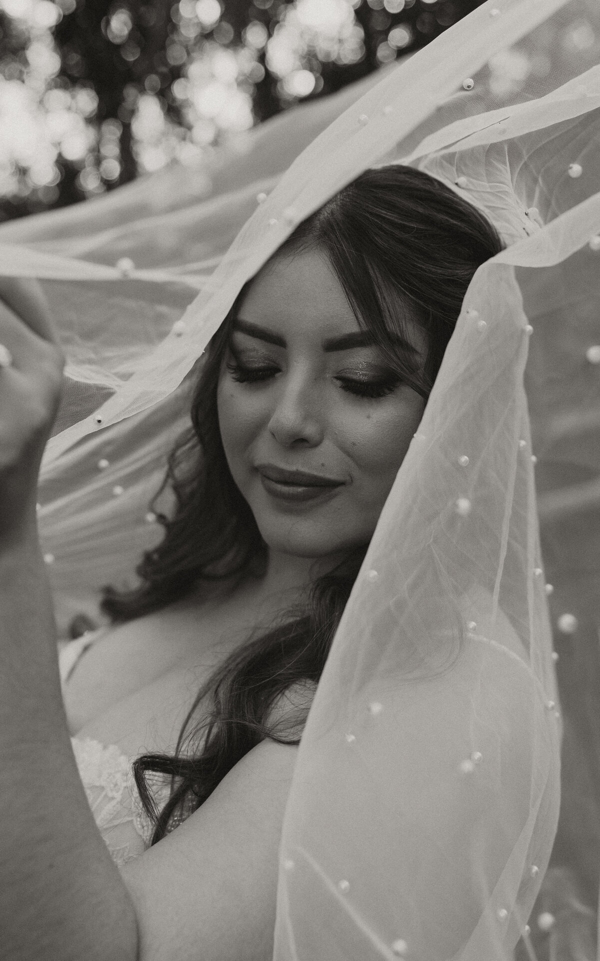 black and white bridals, bride holding veil while looking down