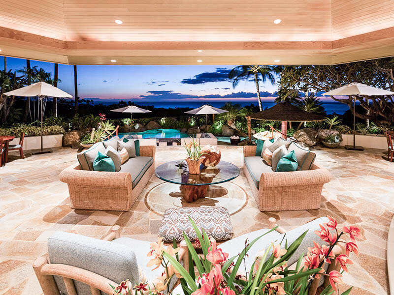 The living room at Mauna Kea Hawaii residence at night