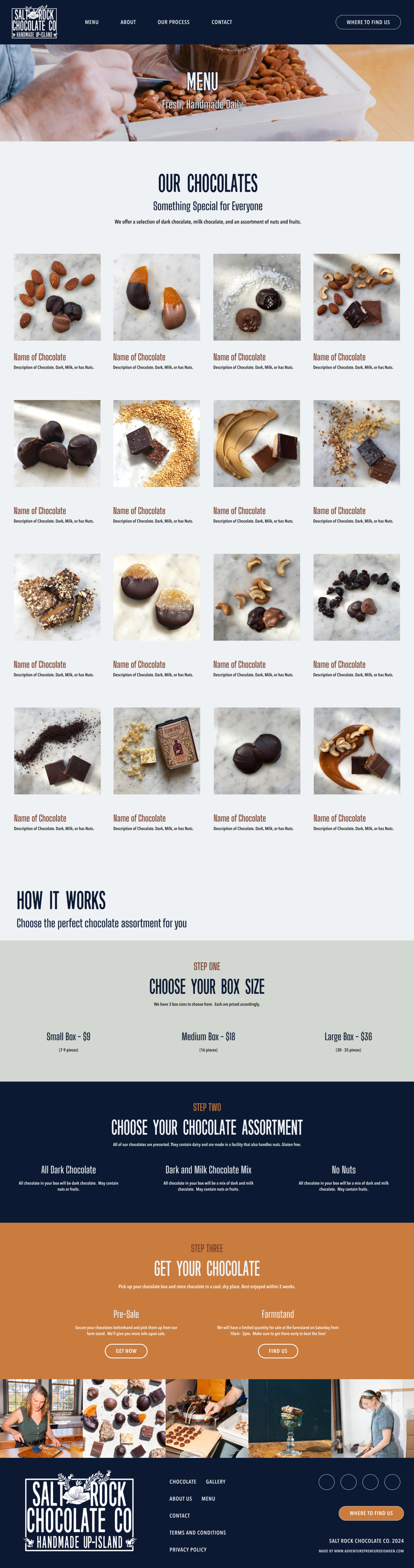 website design of a chocolate menu