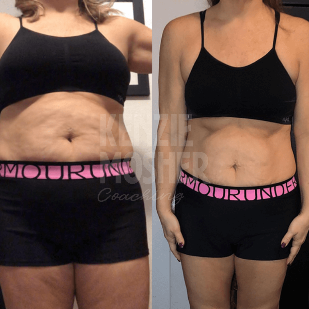 Before and after showing leaner physique and reduced bloating.