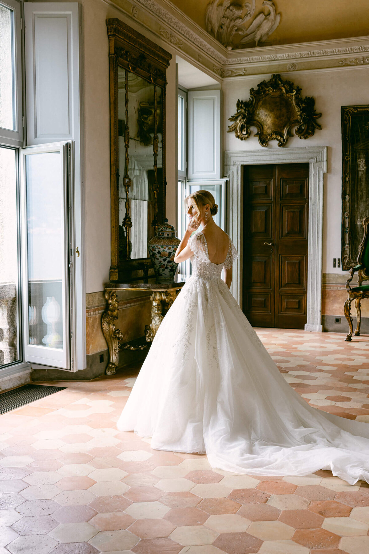 A wedding photo of a bride in her white wedding dress at Villa Balbiano on Lake Como in Italy