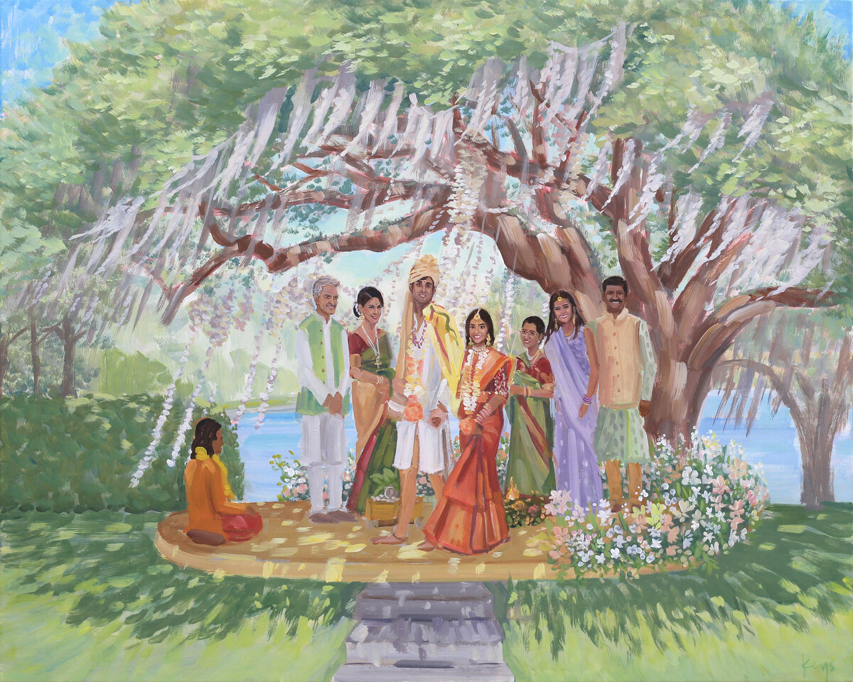 Painting by Charleston Live Wedding Painter, Ben Keys, of an Indian wedding ceremony under Live Oaks at the Octagonal Garden at Middleton Place.
