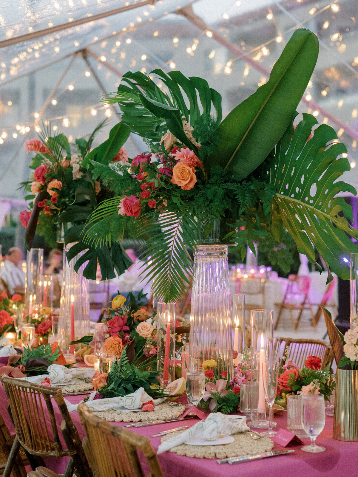 Kate-Murtaugh-Events-destination-wedding-planner-monstera-leaf-design-centerpiece-florals-Key-West-beach-wedding-candlelight