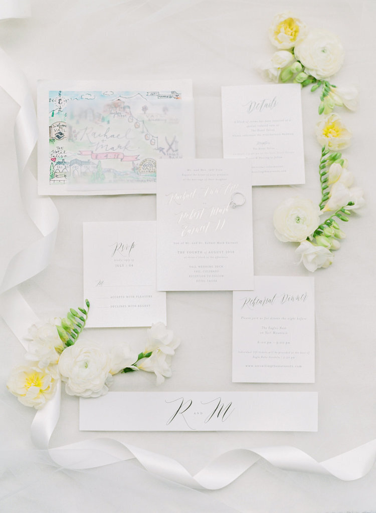 Custom wedding stationery for a white mountain top fete in Colorado