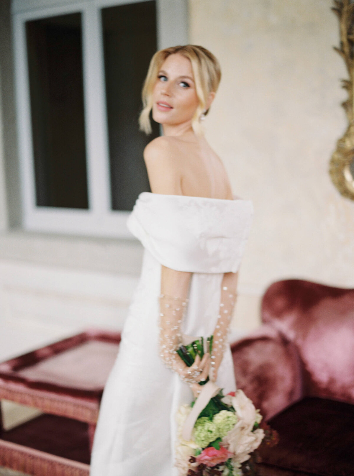 A wedding photo of a bride in her white wedding dress at Villa Balbiano on Lake Como in Italy