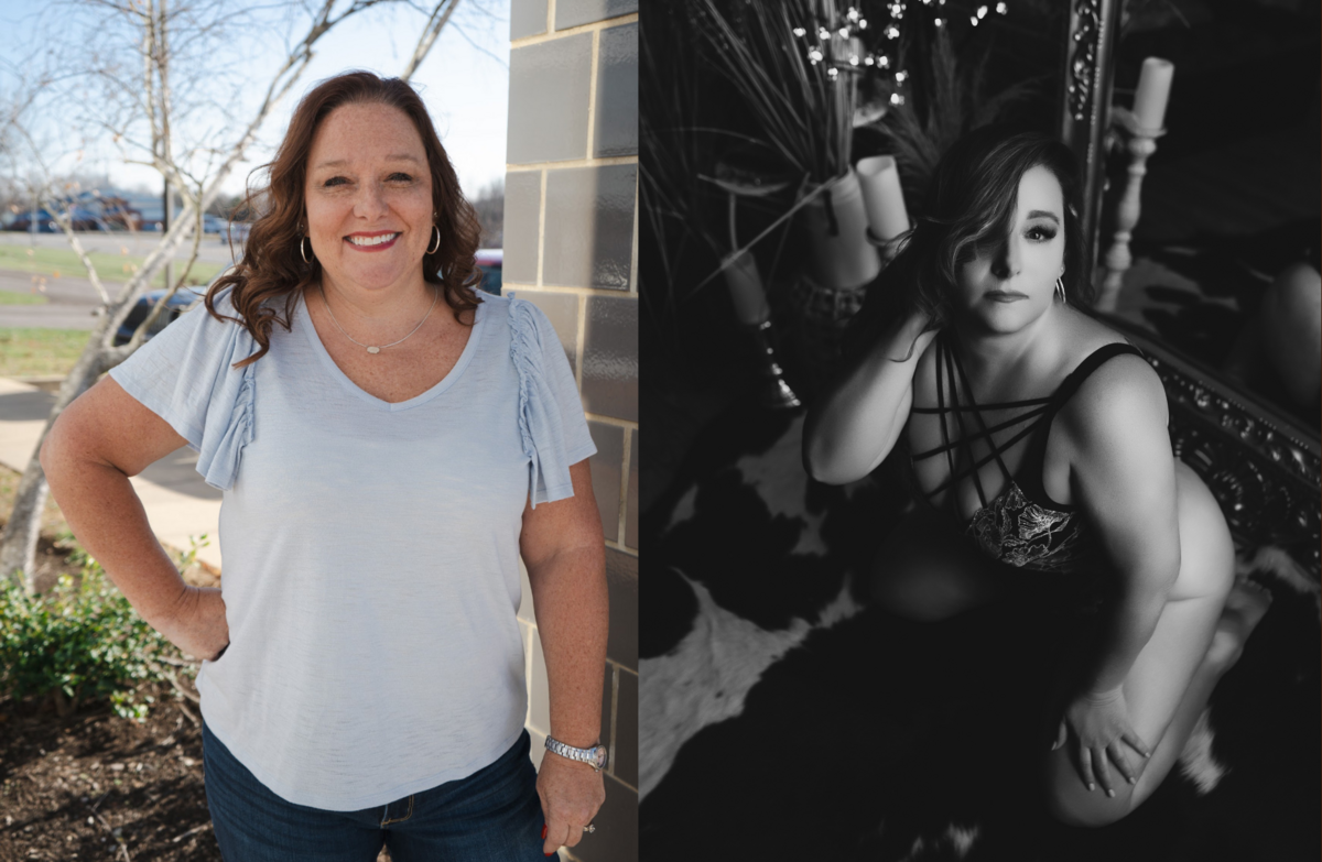Before and after transformation showing hair and makeup from a BombShell Boudoir session