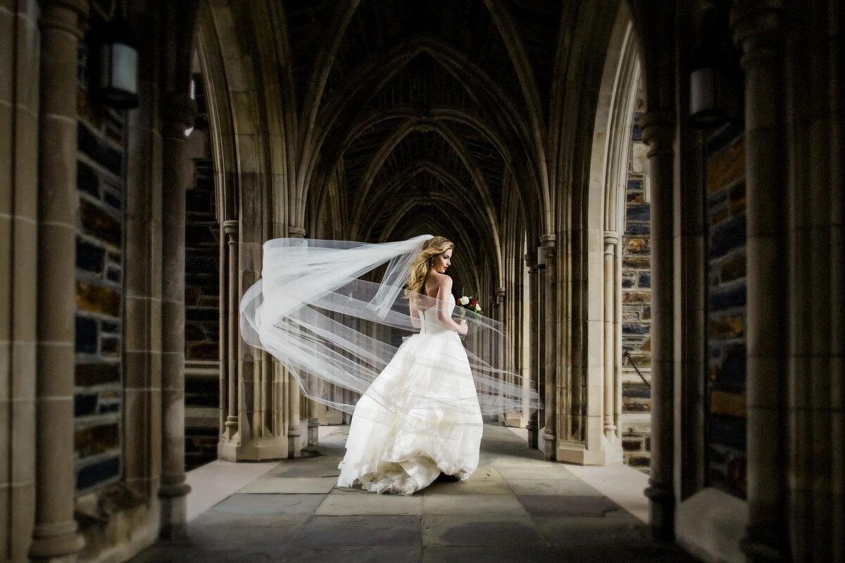 A veil floating around a bride