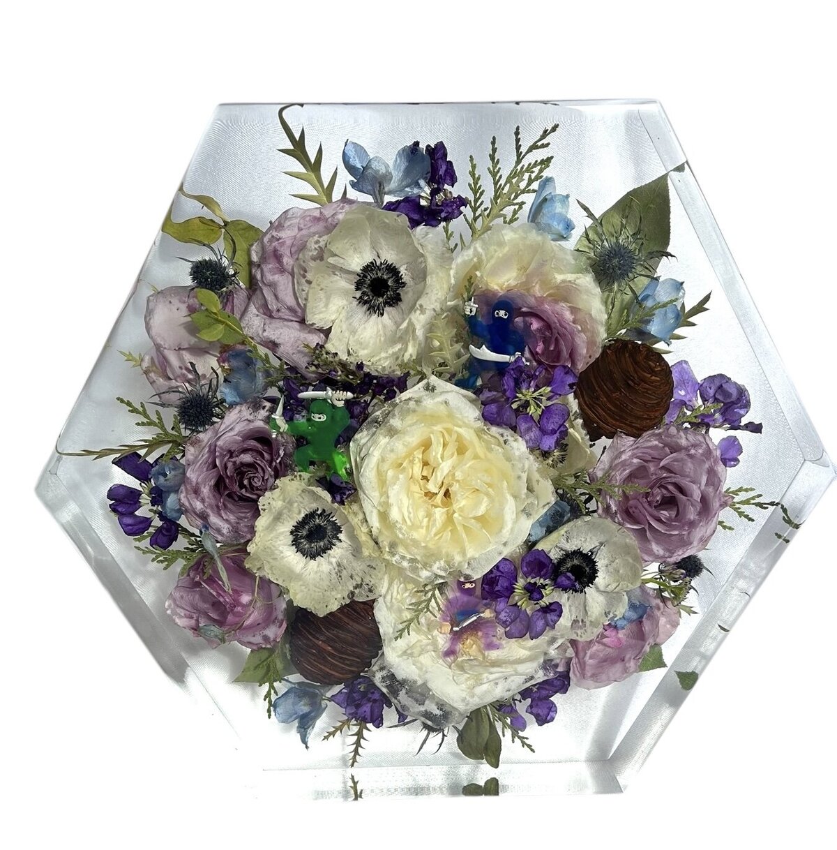 11x11 resin Hexagon with white and purple memorial flowers preserved as a family heirloom 