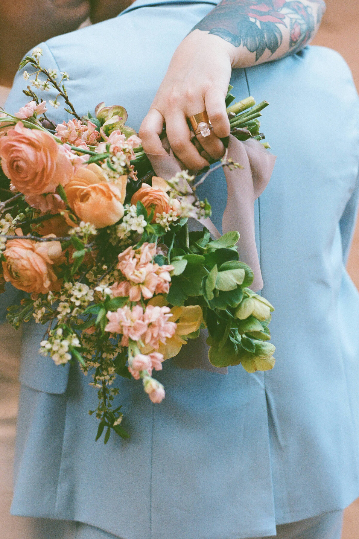 Close up of florals on an elopement day