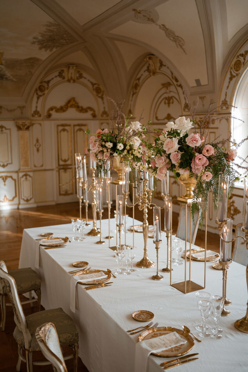 gold wedding reception design by Aspen and Ivy
