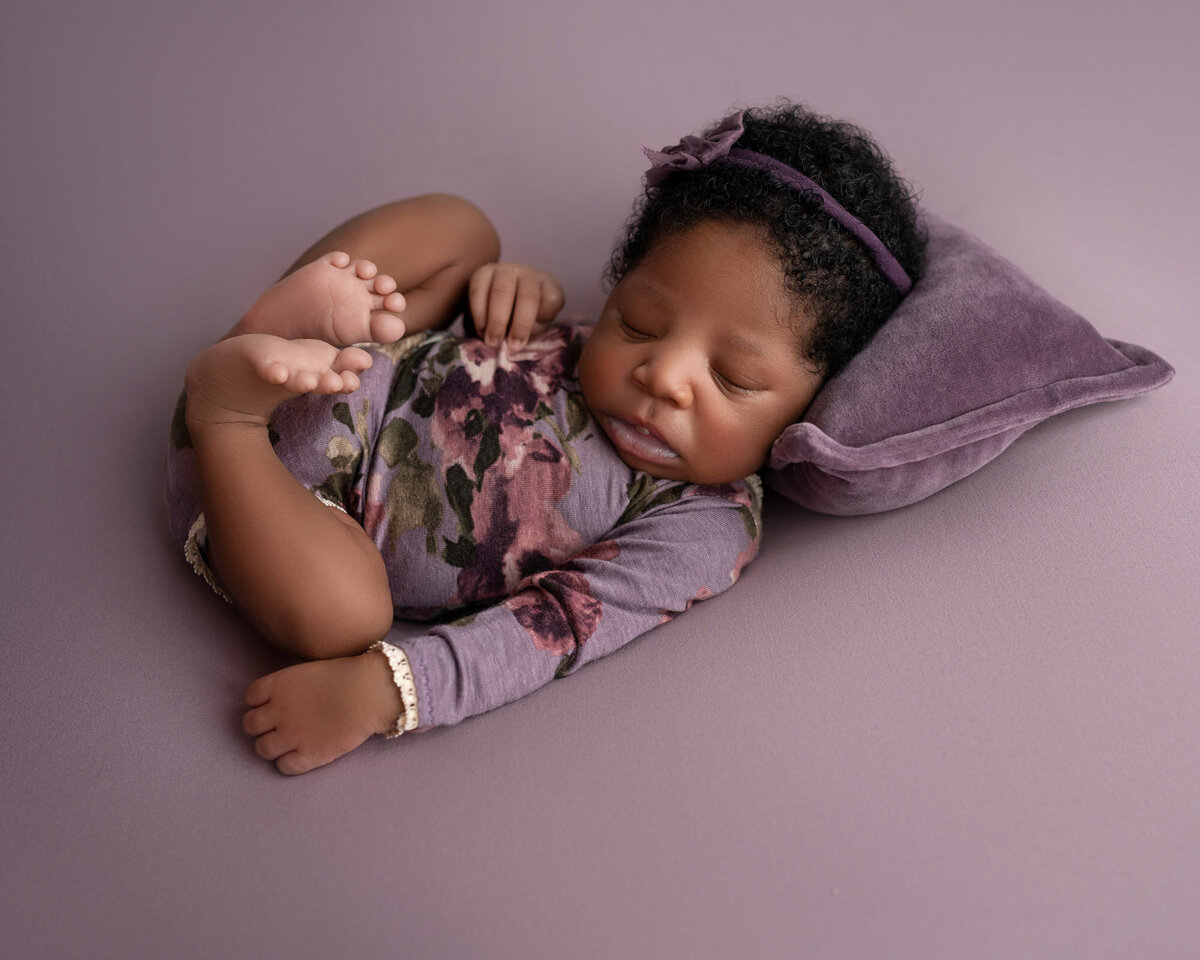 Newborn baby girl purple blanket floral headband Westlake photographer 