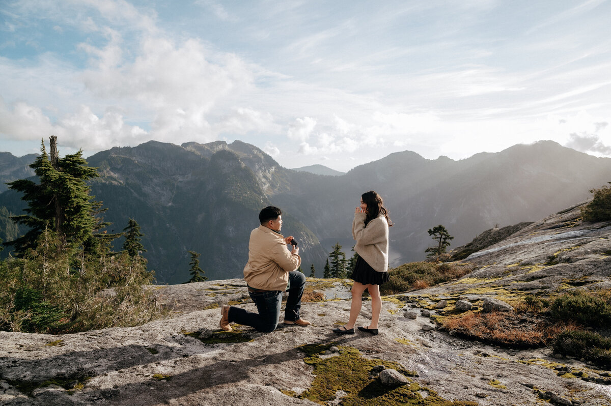Helicopter proposal in the Rocky Mountains with an alpine view and emotional reaction