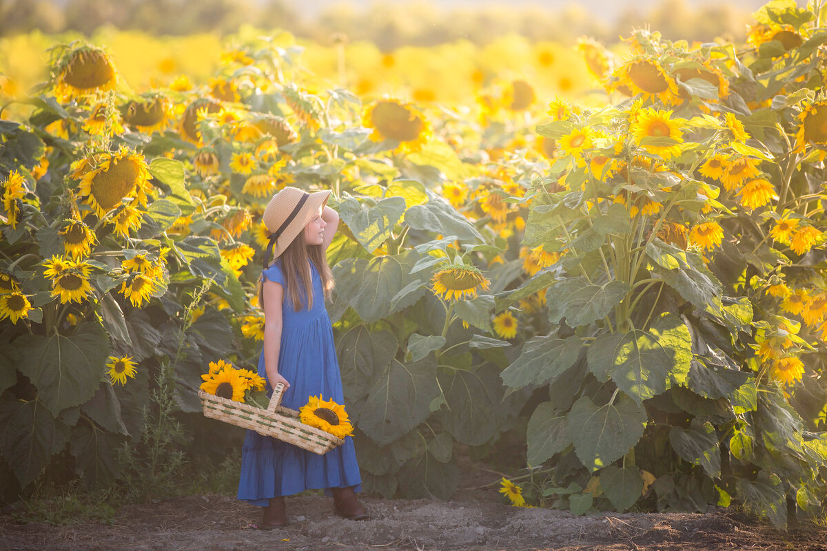 Girl in Joyfolie dress in a sunflower field in Woodinville