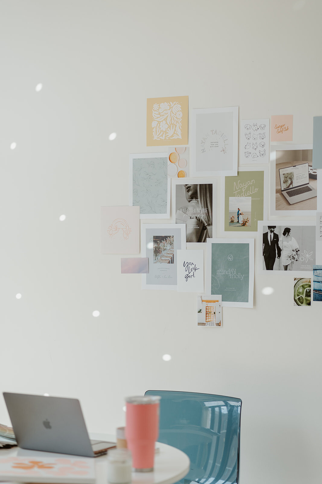 Close-up view of an aesthetic mood board wall during a Wildher and Co branding session in downtown Kalamazoo Michigan.