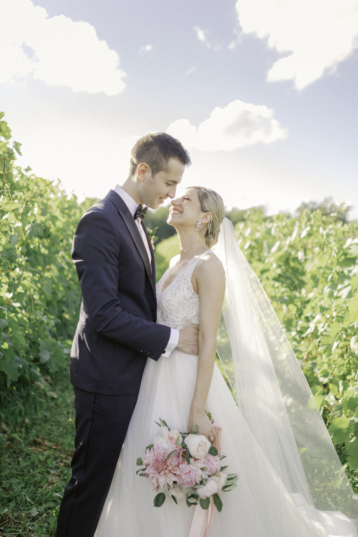 newlyweds kissing in the vineyard