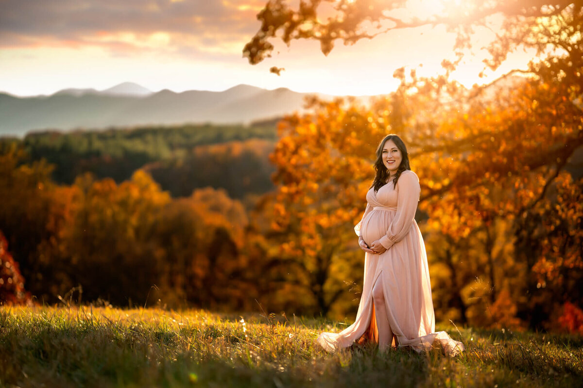 A beautiful young mama to be hold her baby bump while standing the grass behind the Biltmore Estate