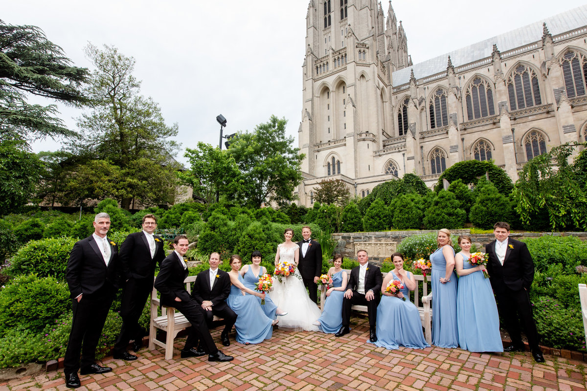 A wedding party photographed outside the Washington National Cathedral