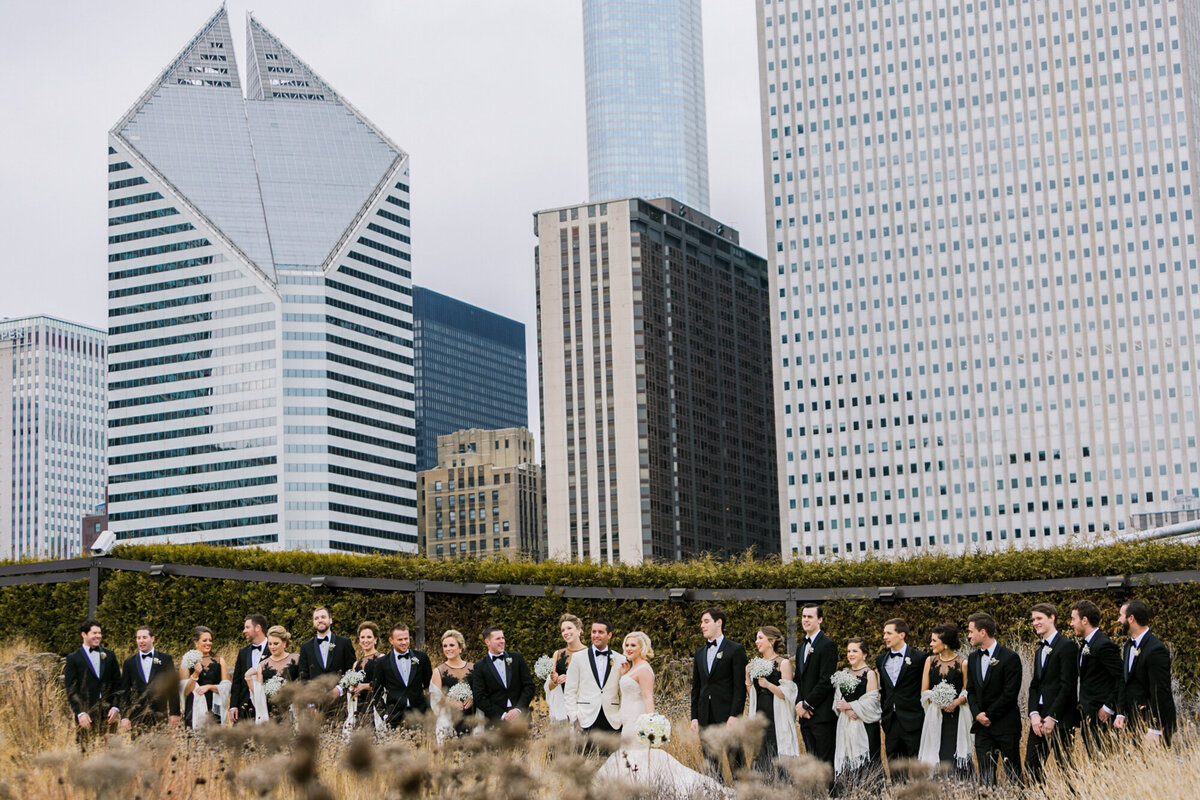 A large wedding party poses for a photo at the beautiful Lurie Garden in downtown Chicago