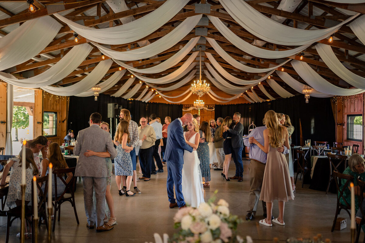 Wedding couple and guests dancing in the dance floor