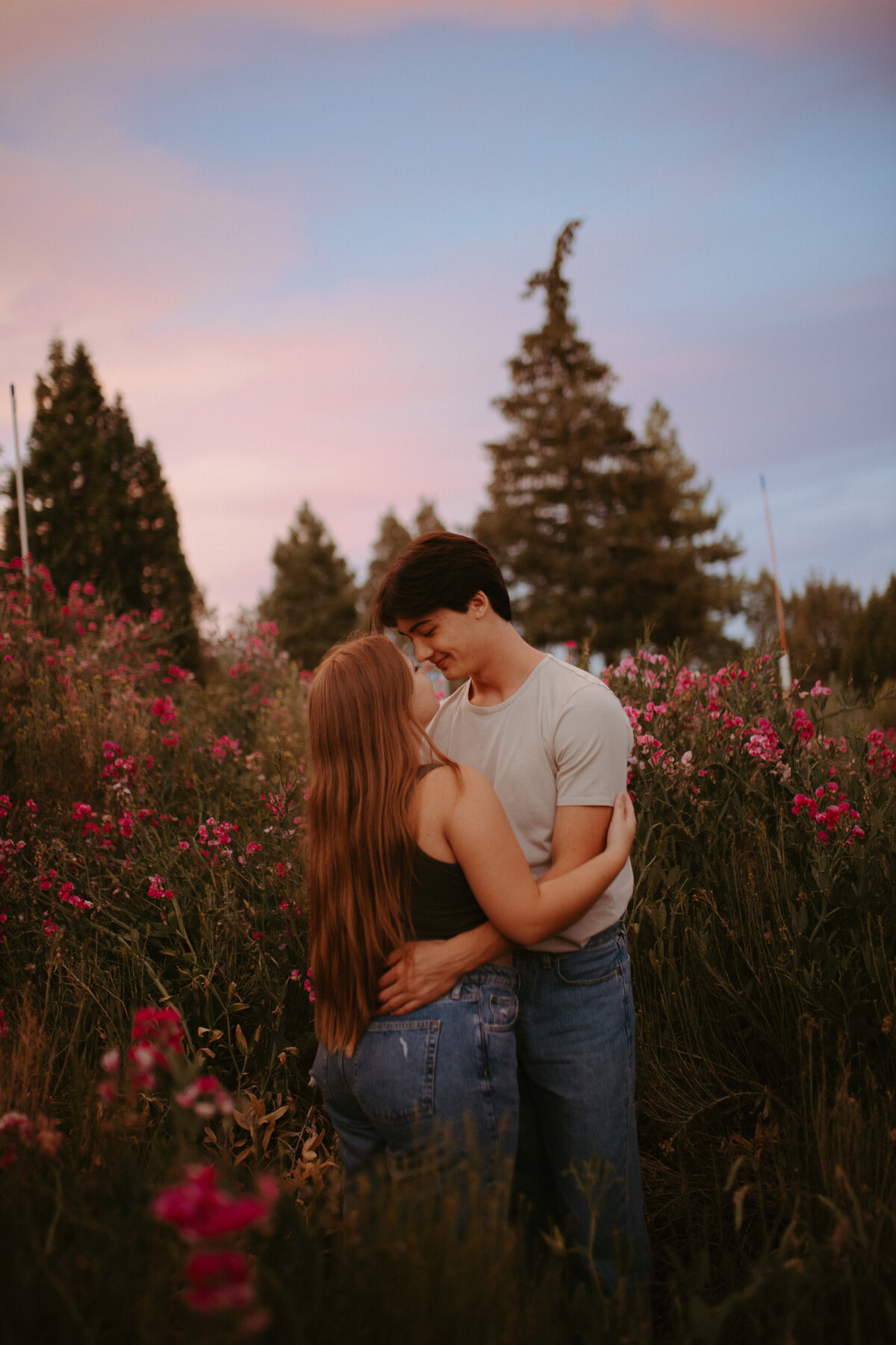 couple standing in tall pink flower bushes holding each other with pink cotton candy skies in the back round