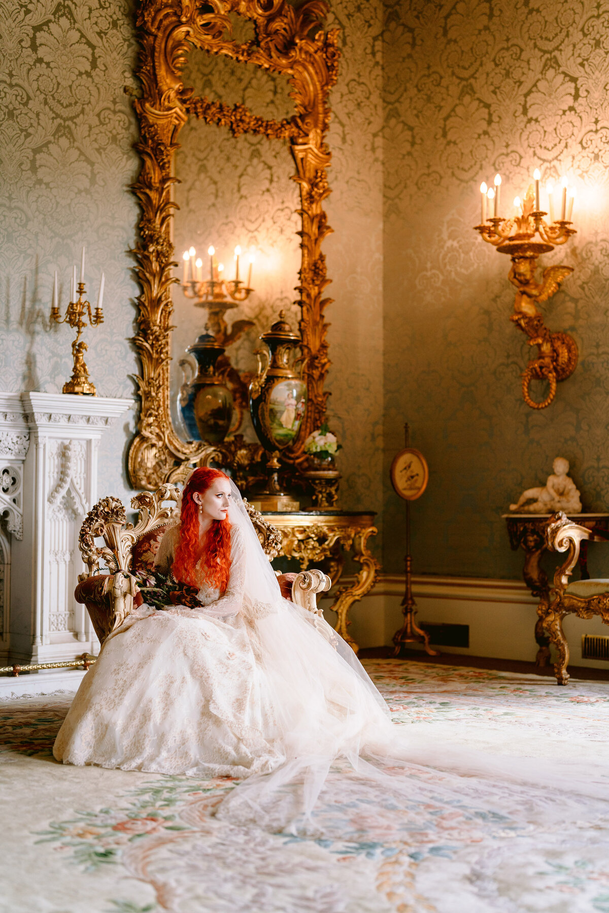 bridal portrait in editorial style taken in the drawing room at allerton castle. pure oppulence