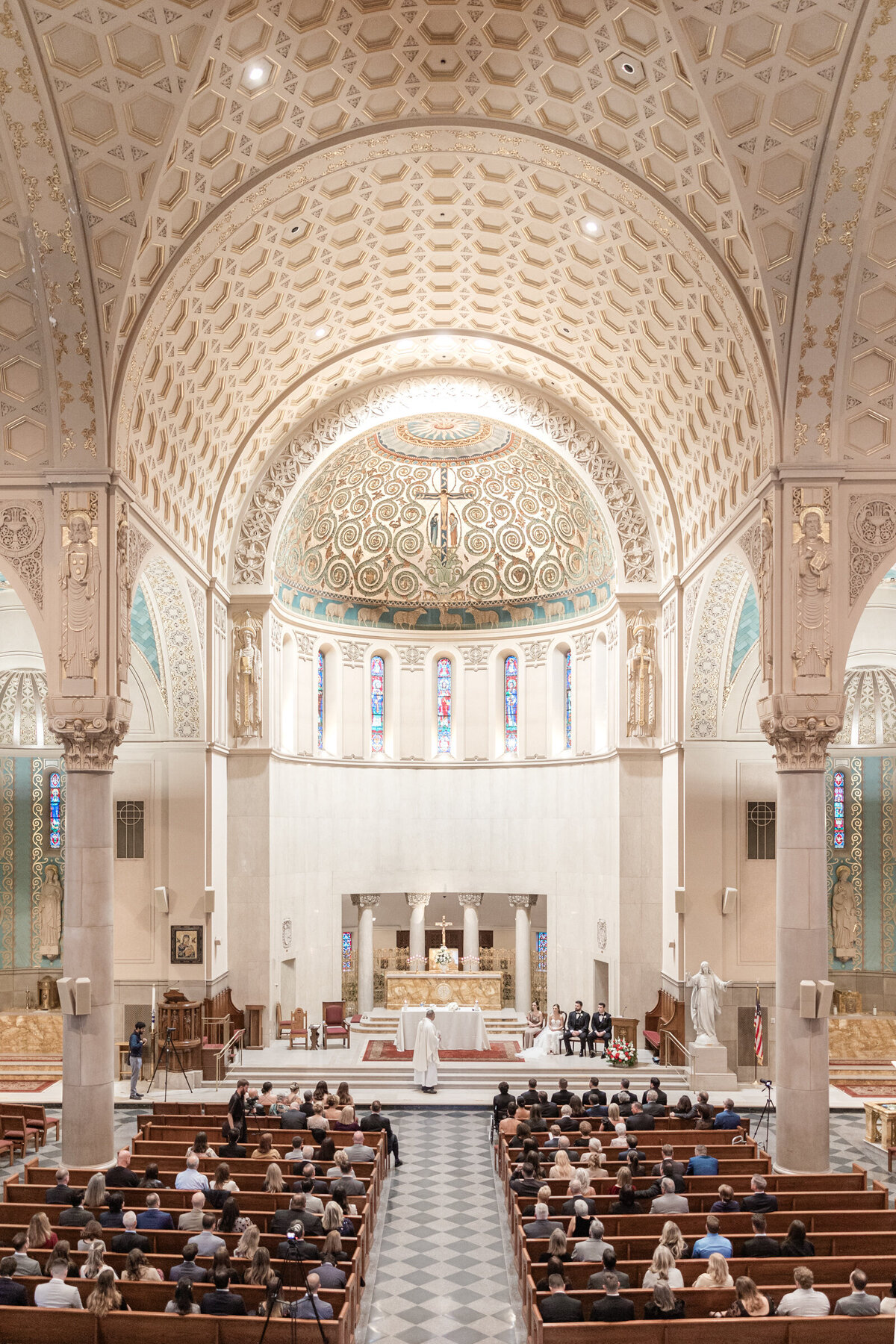 A shot down the aisle of a large cathedral