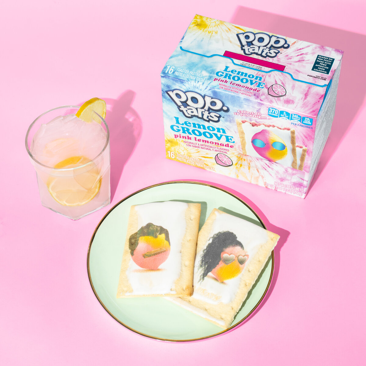 Kellogg's pink lemonade Pop Tarts on a bright pink background. 