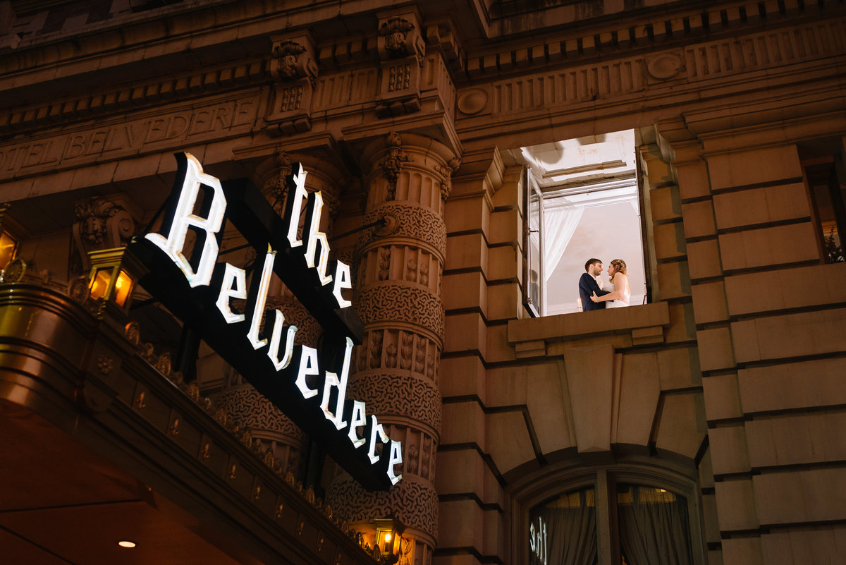 Belvedere hotel wedding couple in window
