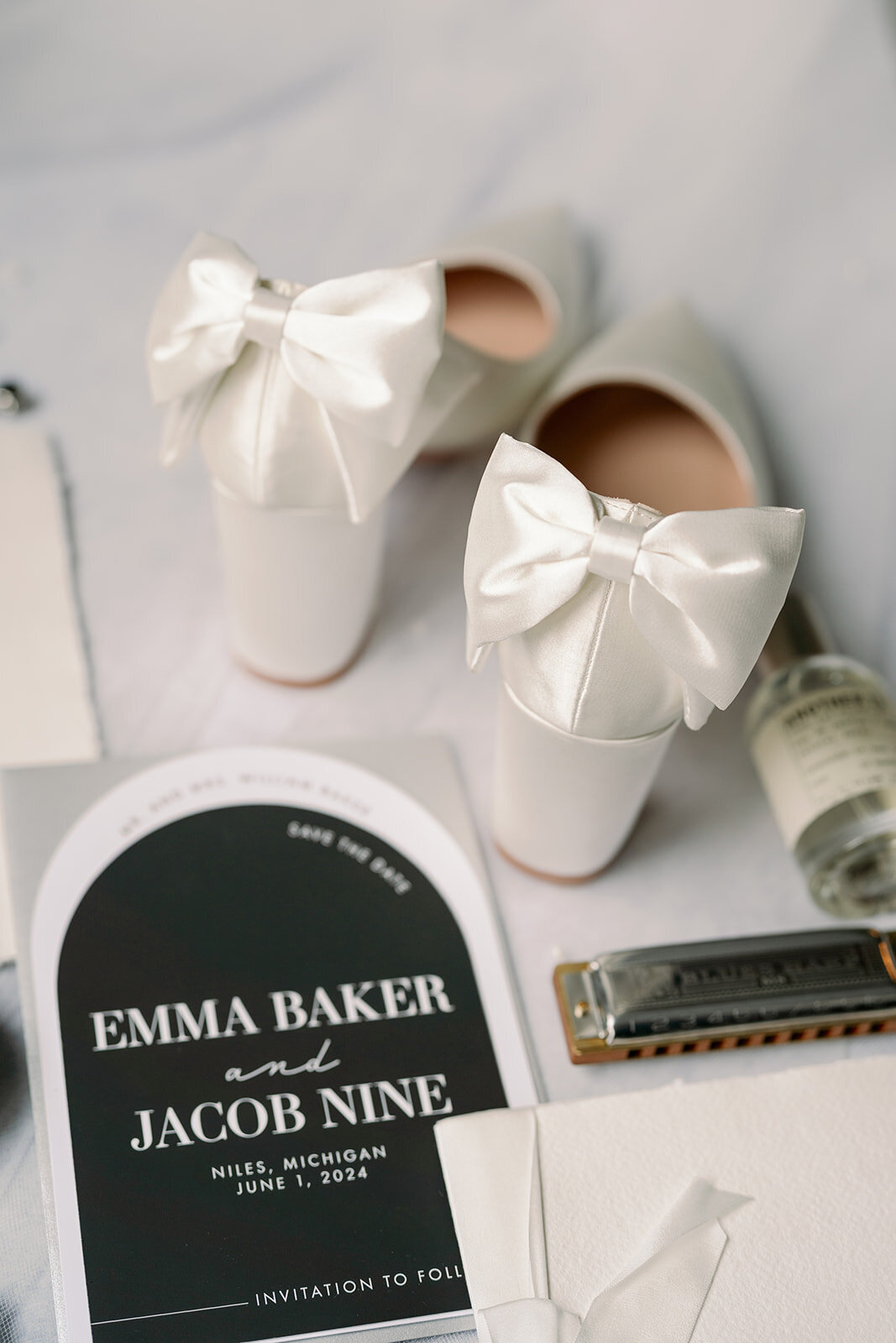 White bridal flats with bow detail styled for wedding morning flatlay at The Morris Estate.