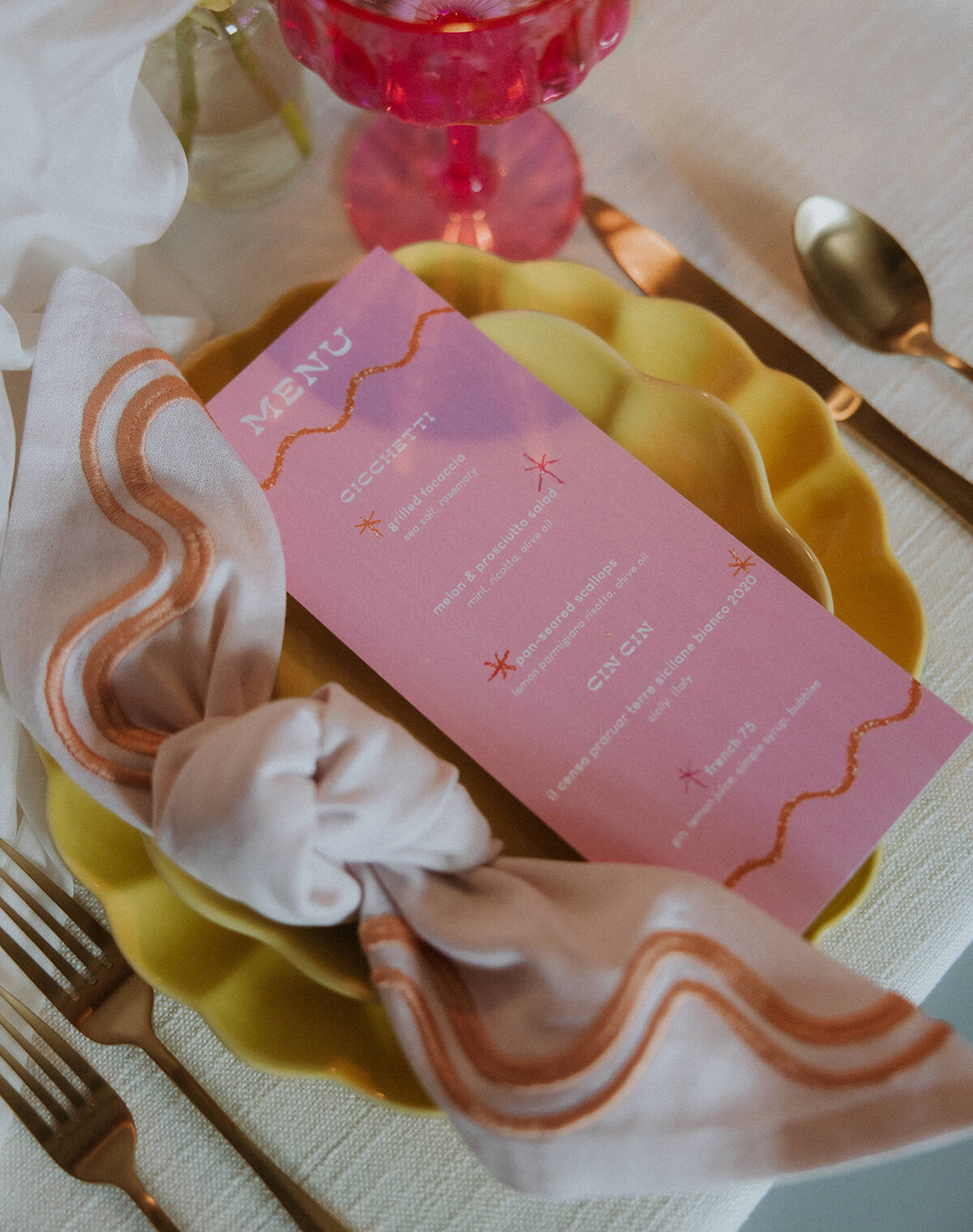 Colorful and funky pink Italian inspired wedding reception dinner menu with custom midcentury artwork 