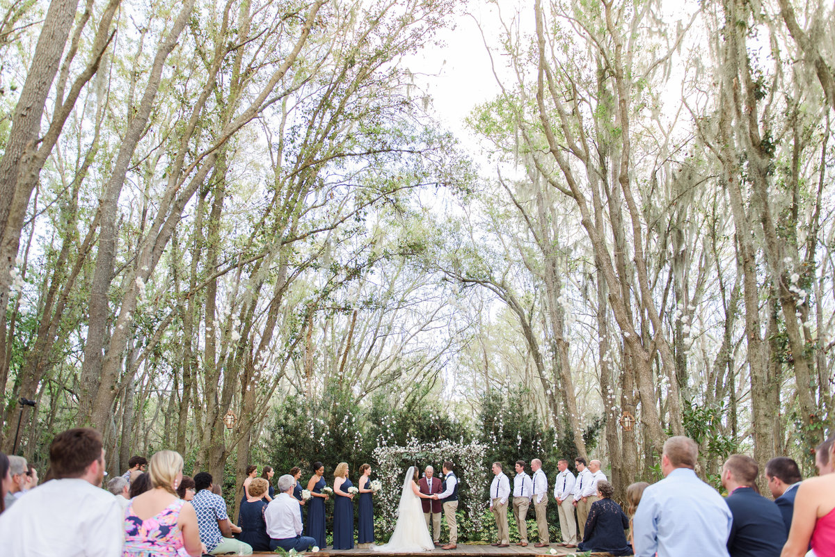 Beautiful tree lined ceremony with bridal party  during the ceremony