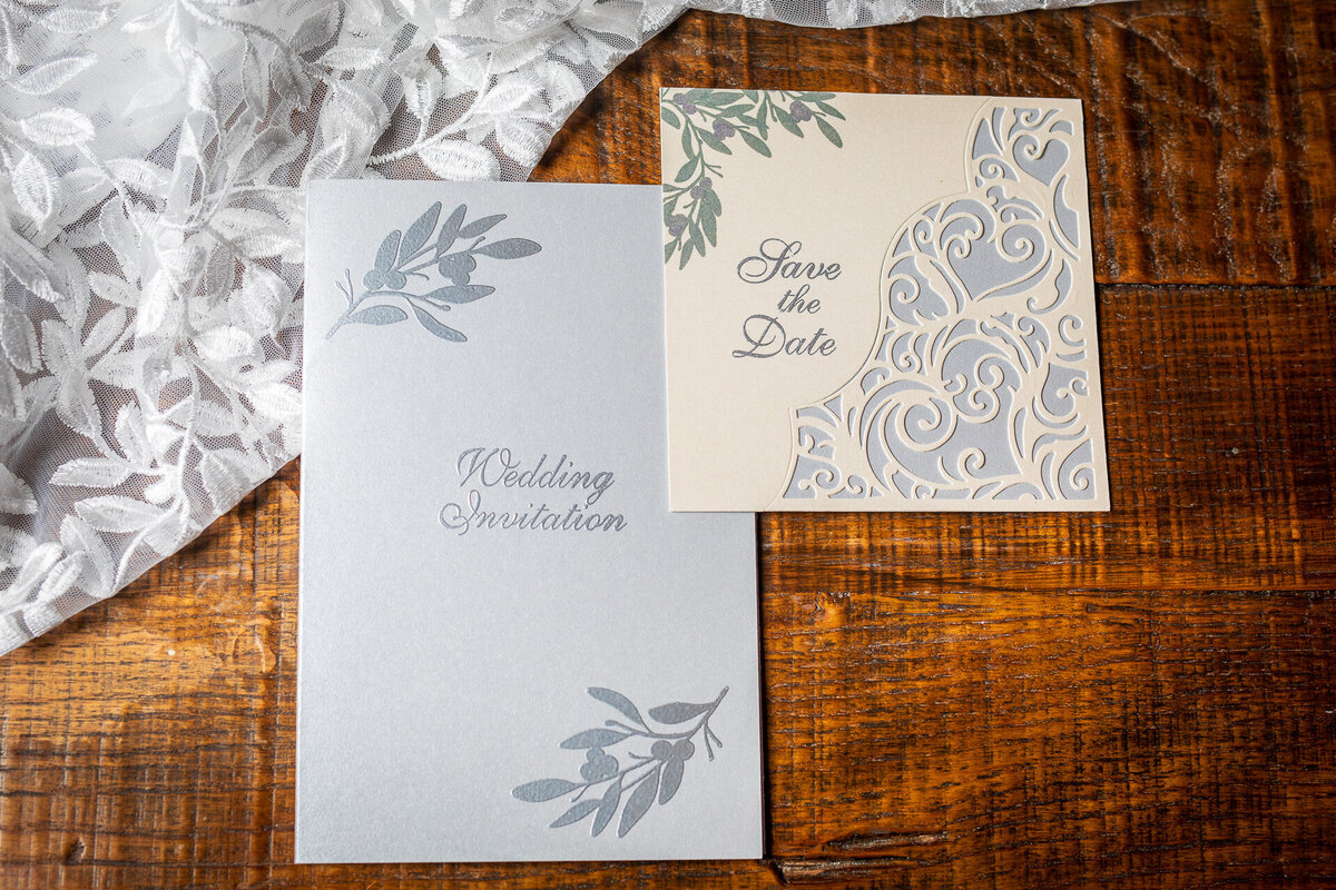 Dove grey and cream olive-themed  Save the Date and matching invitation