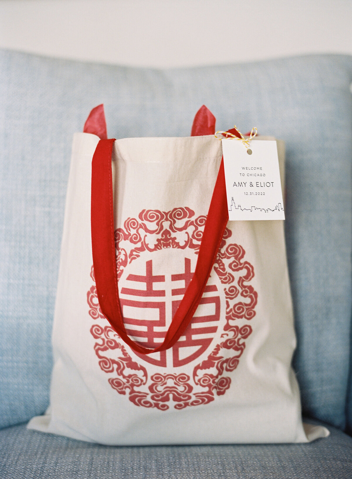 Close up of a bridal party gift bag. 