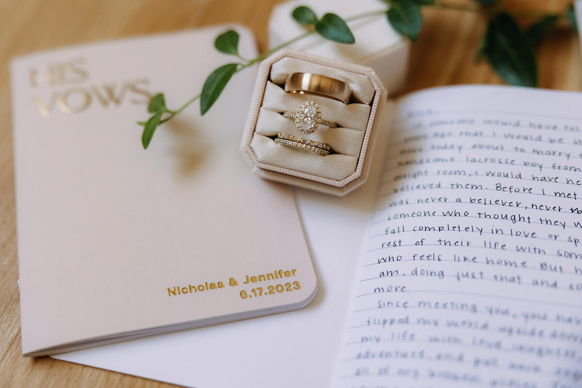 wedding vows and rings  flat lay
