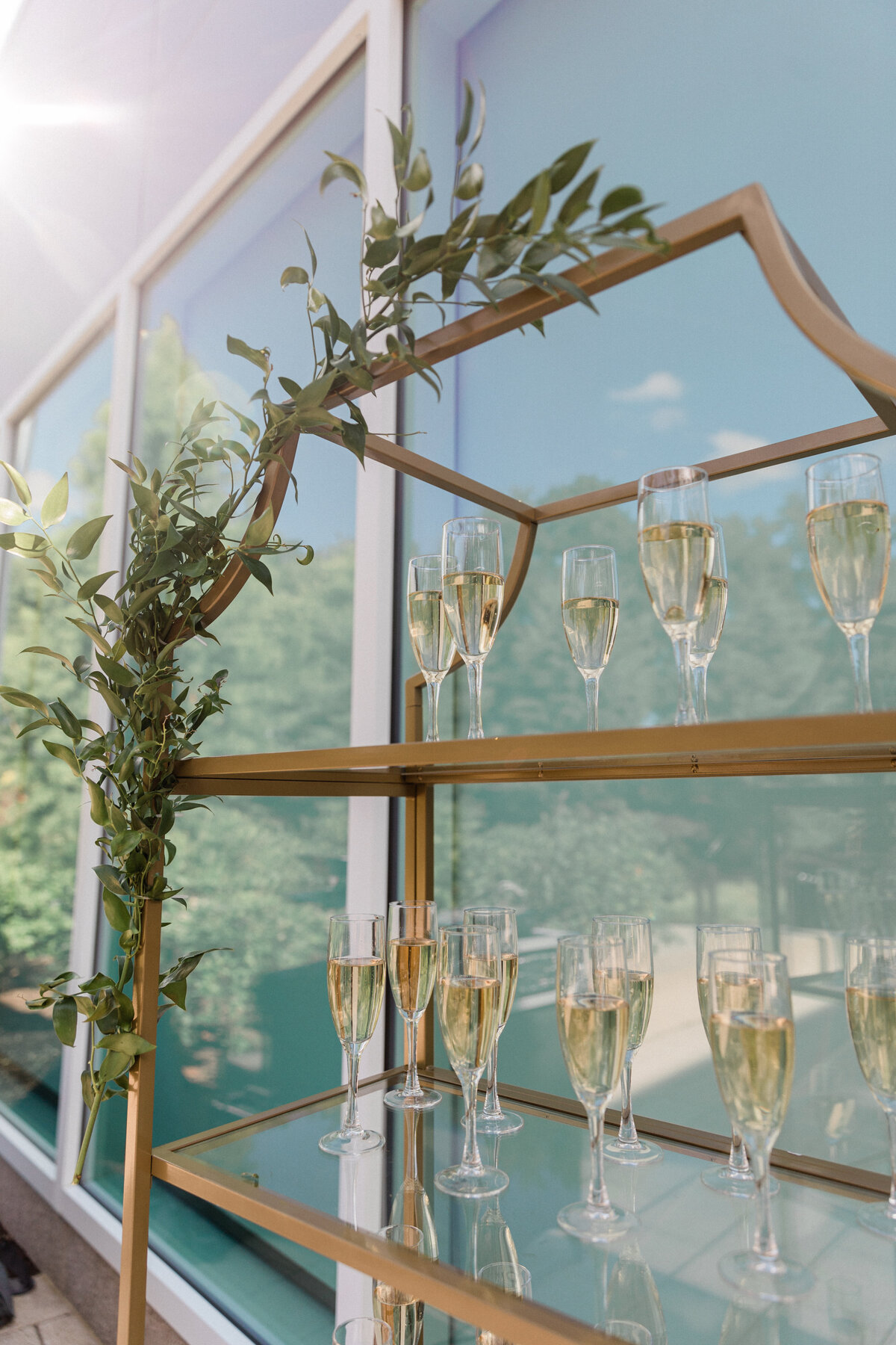 champagne flutes on glass shelves