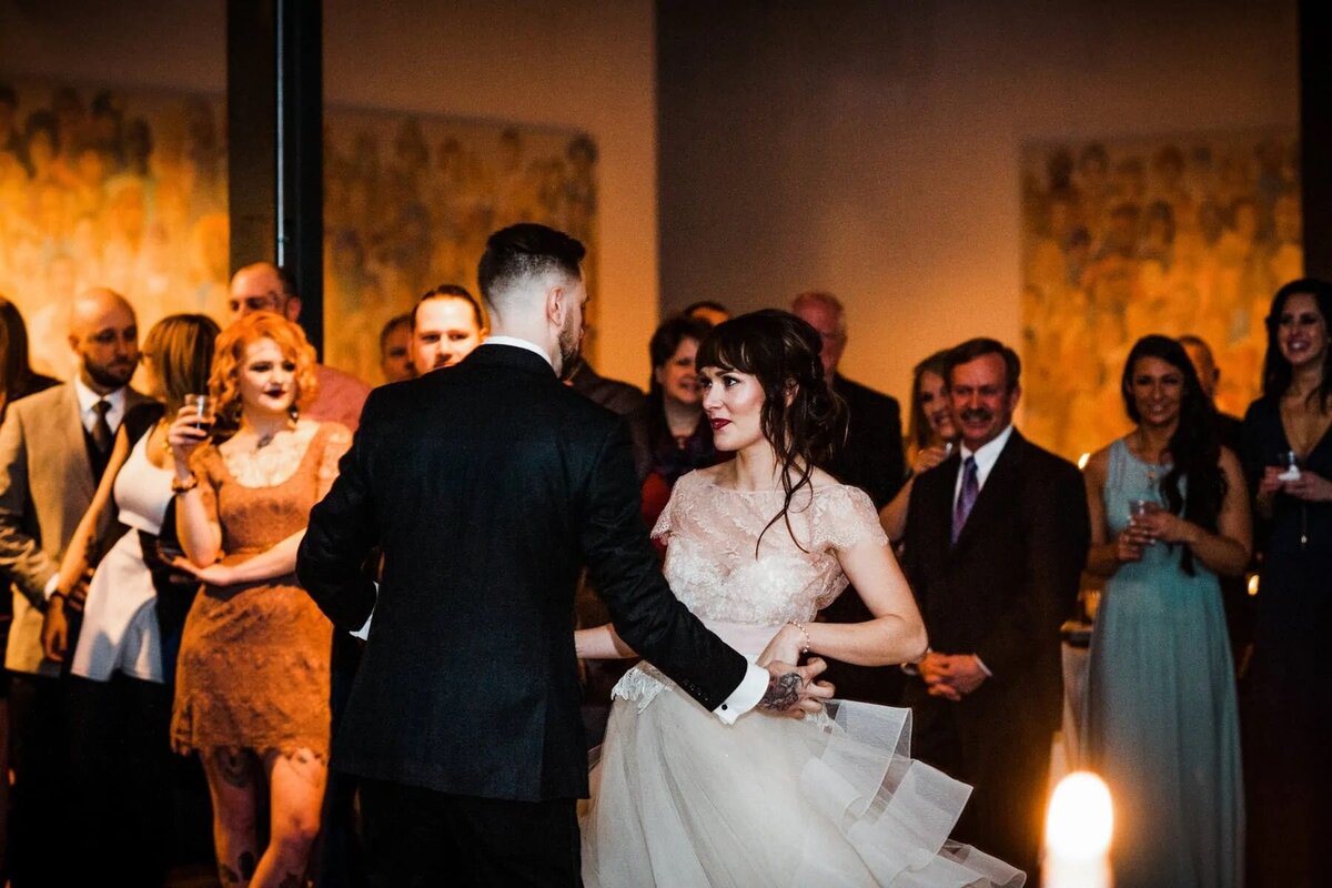 A wedding couple during their first dance.