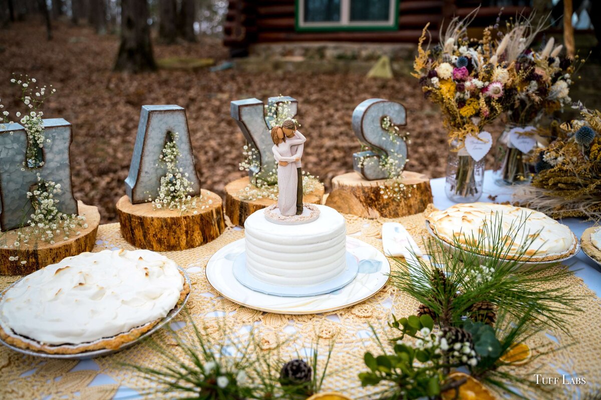 Dried flowers adorn the cake table at an outdoor winter wedding.