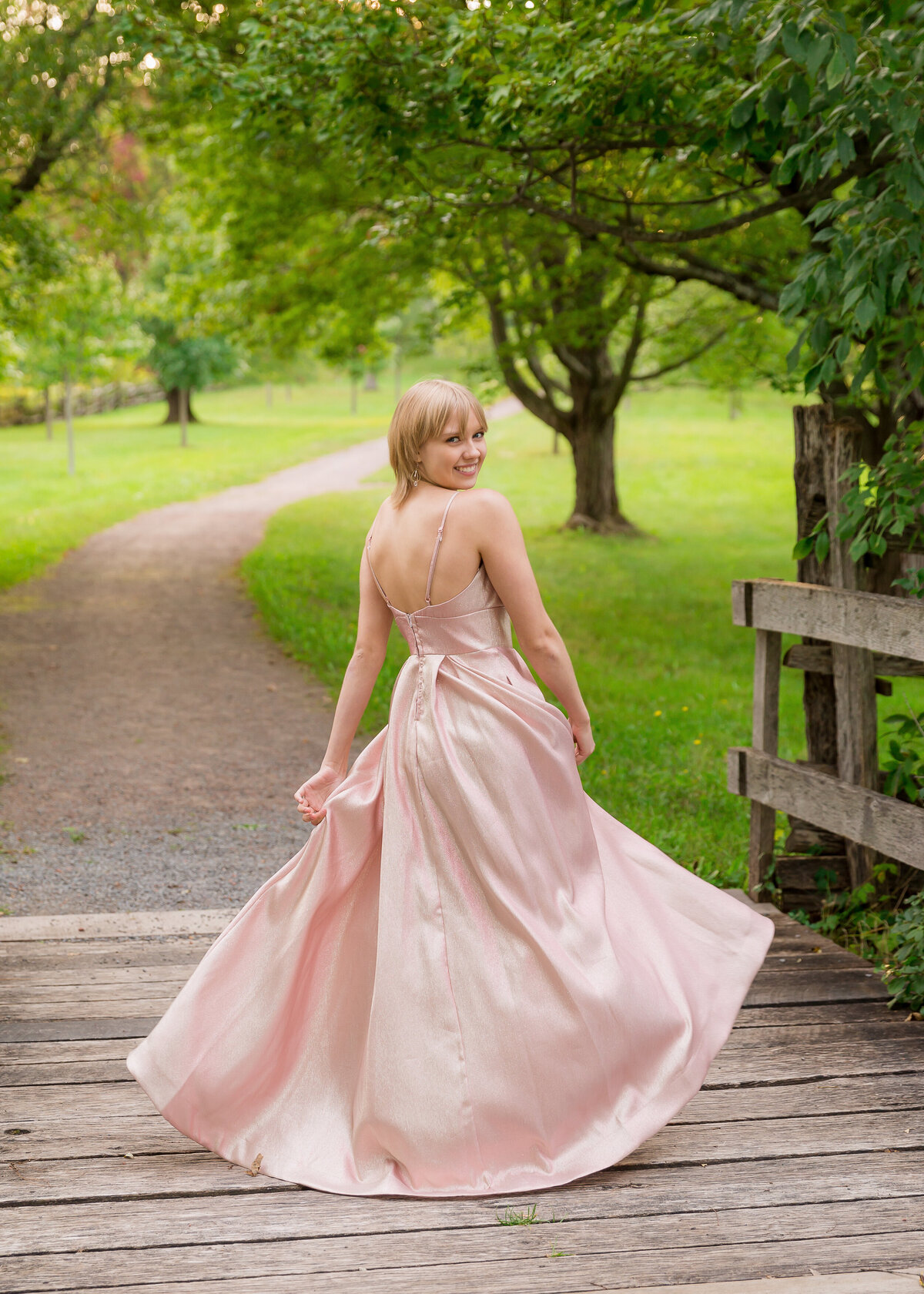 Girl in a blush gown or dress at my farm location