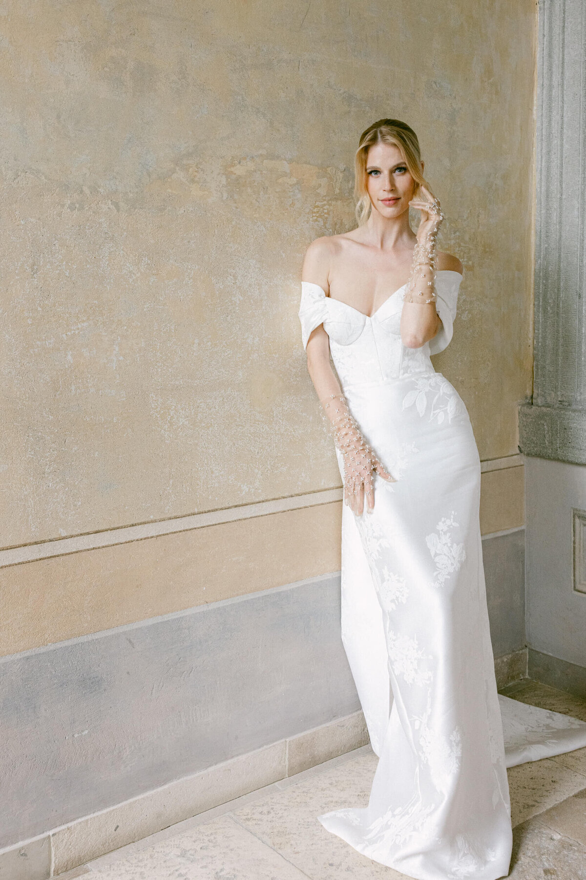 A wedding photo of a bride in her white wedding dress at Villa Balbiano on Lake Como in Italy
