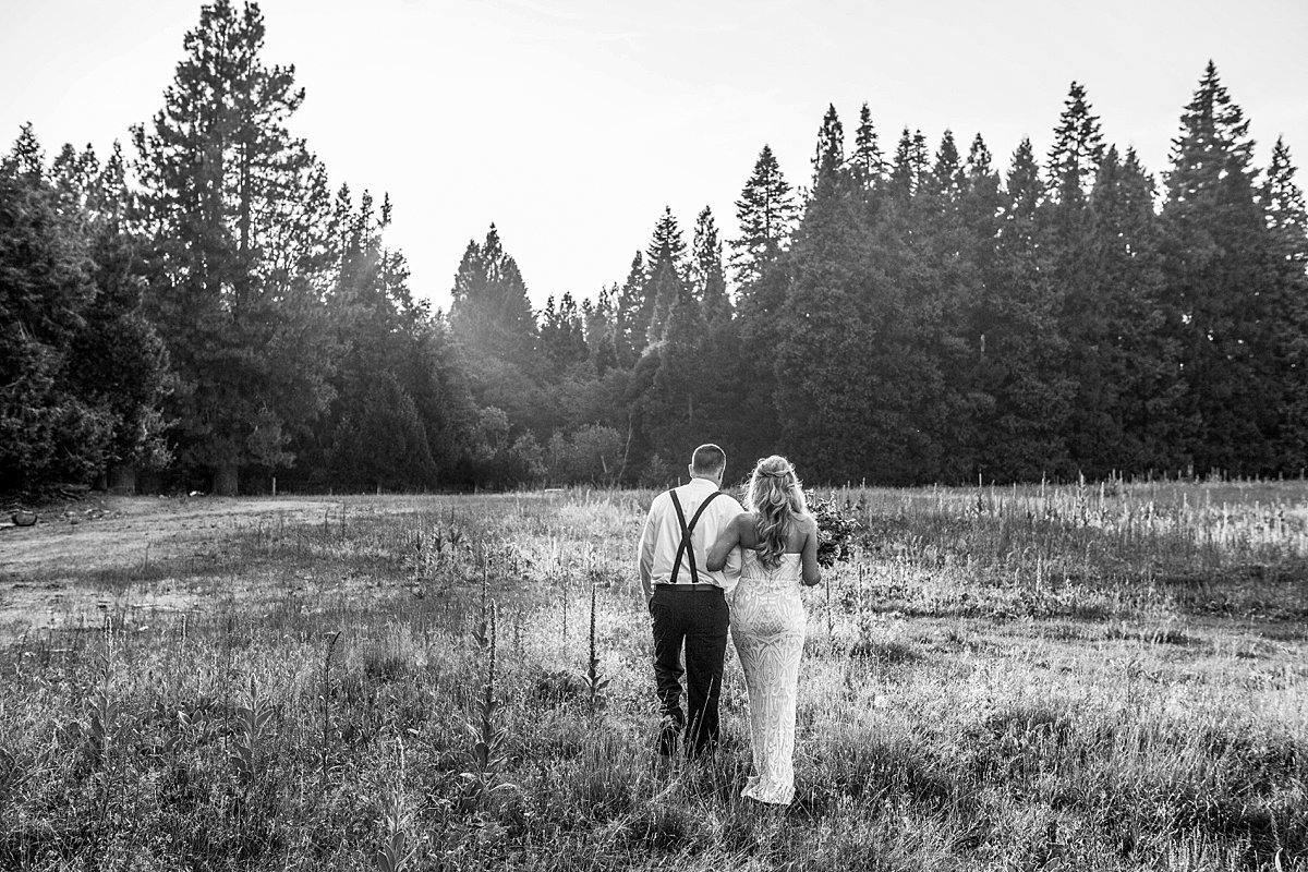 Bride and groom walking away at sunset near pine trees