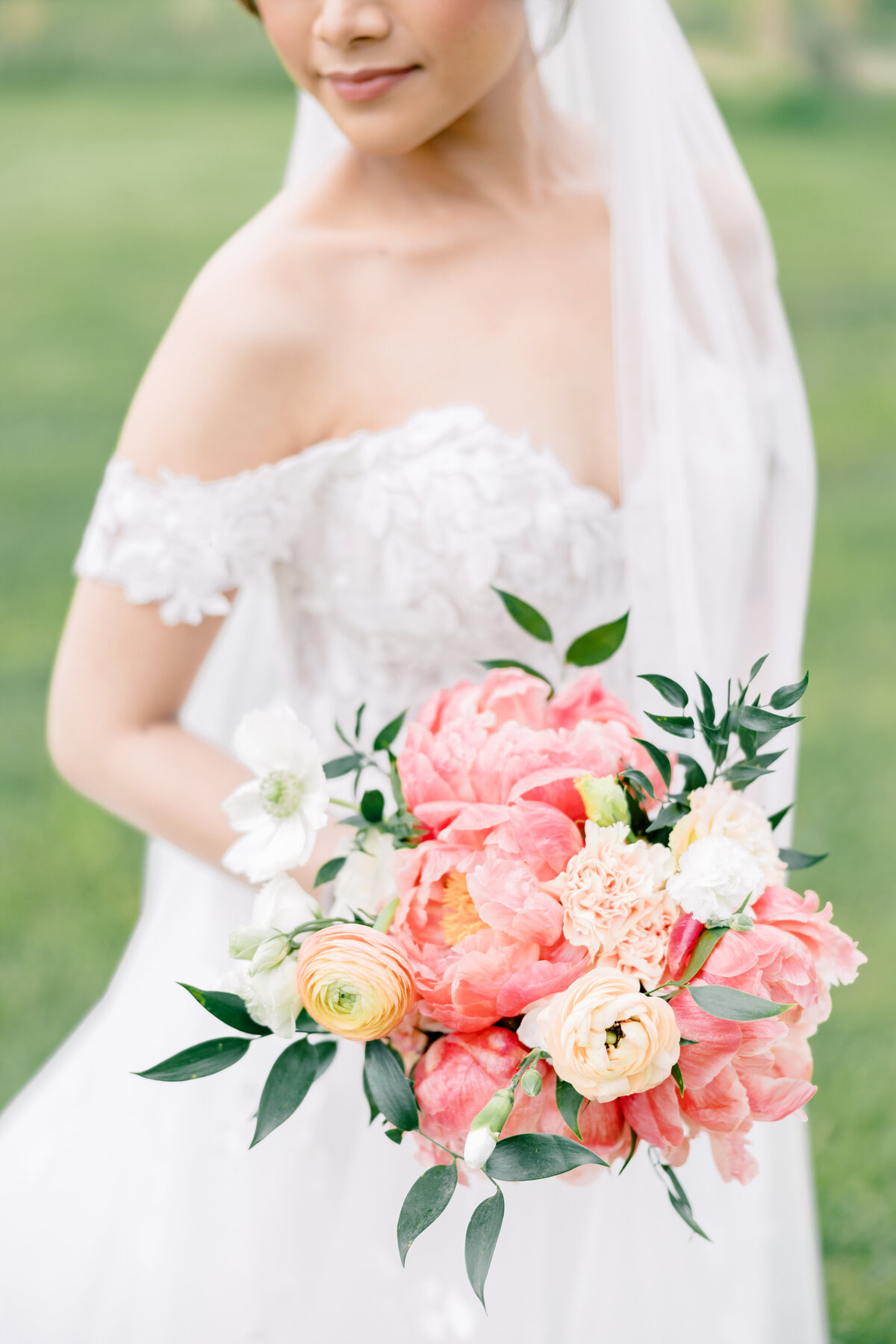 Atlanta Wedding Photographers | Bride Wearing Off Shoulder Gown Holding A Pink Bouquet At Manor Airmont Venue