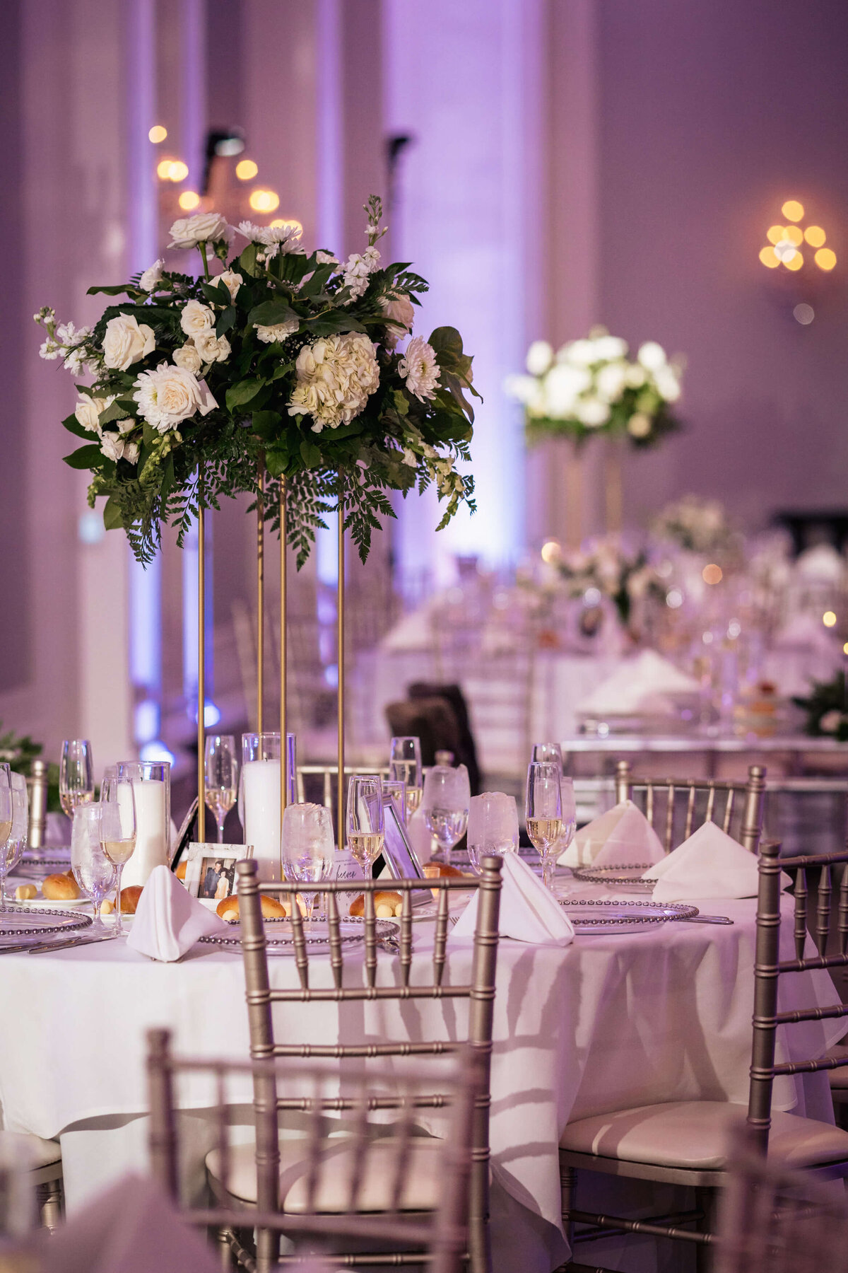 Wedding Reception Lilac White Flowers Centerpiece