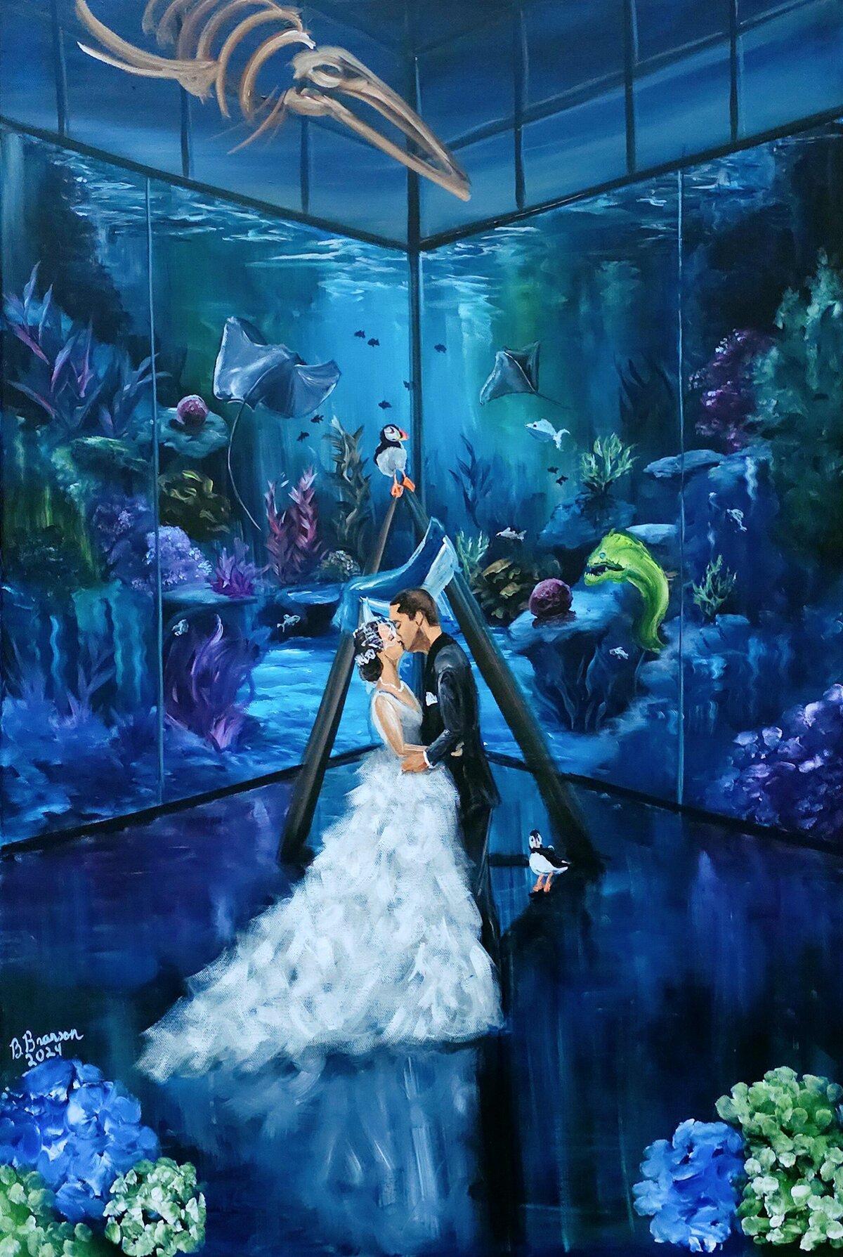 A bride and groom are captured sharing their first kiss in front of the aquarium exhibit in this completed live wedding by Brittany Branson finished at the National Aquarium in Baltimore, MD.