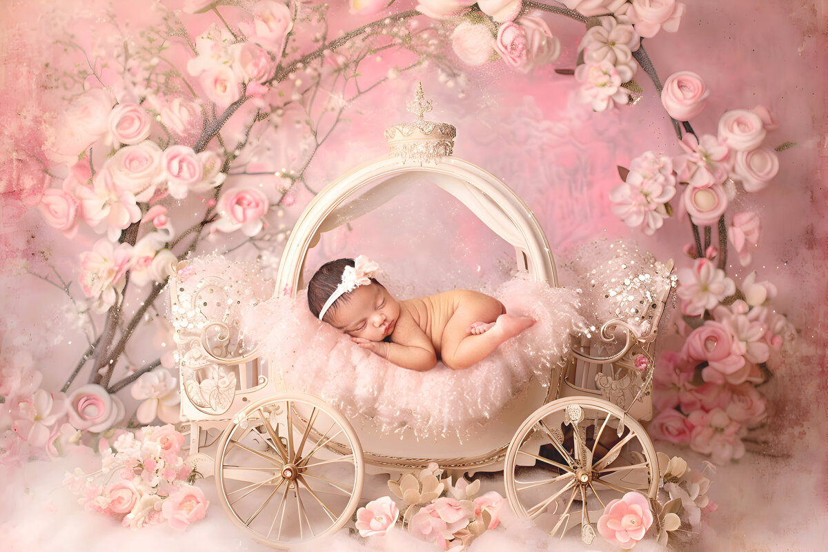 newborn girl in a pink carriage with flowers