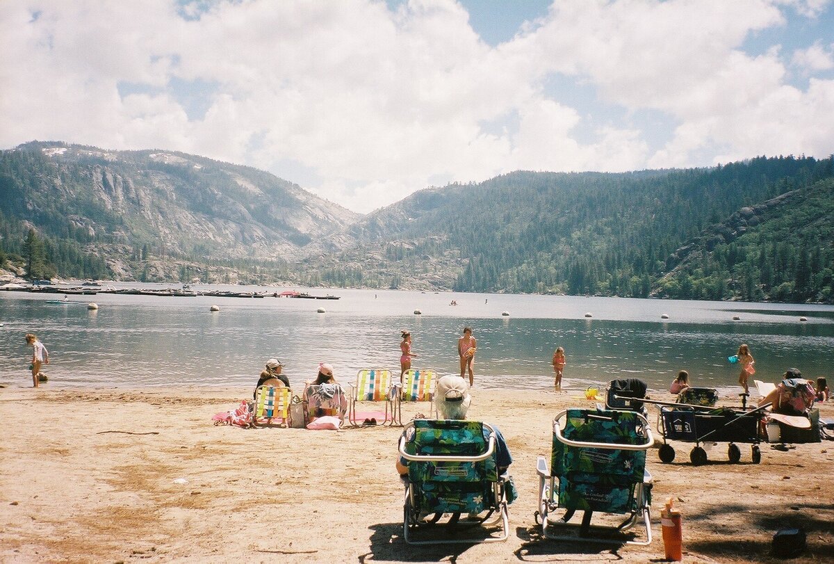 Pinecrest Lake captured on analog film by Kate Winters Photography, showcasing the serene beauty of the lake and surrounding nature in an authentic, documentary style.