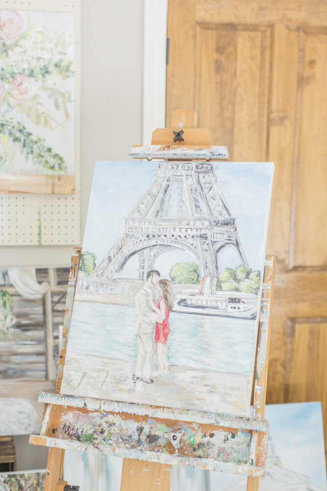 Painting of couple in front of the Eiffel tower