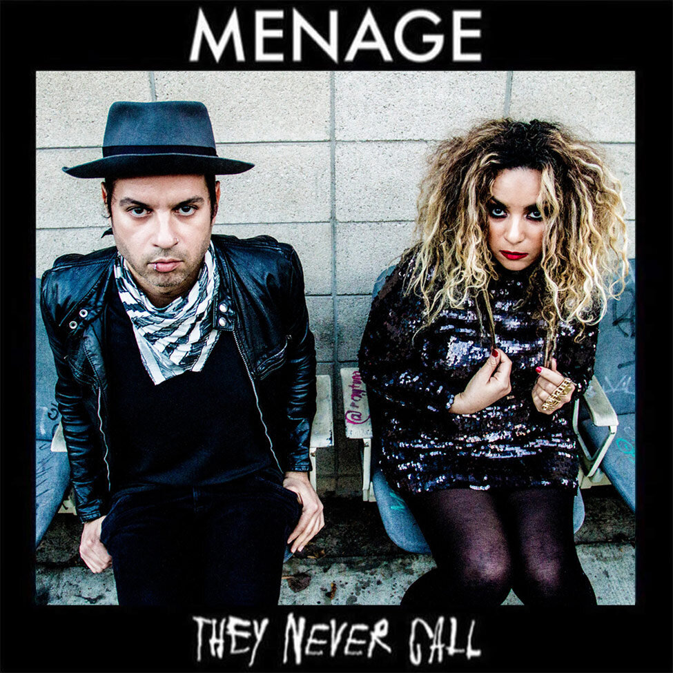 Single Cover for Band Menage Title They Never Call Duo sitting in row of blue plastic seats in front of wall of white concrete blocks