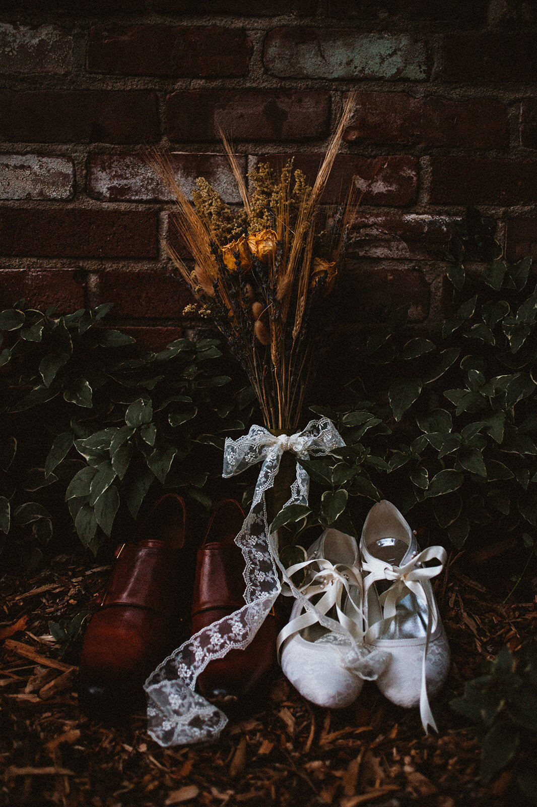 wedding shoes with dried flowers