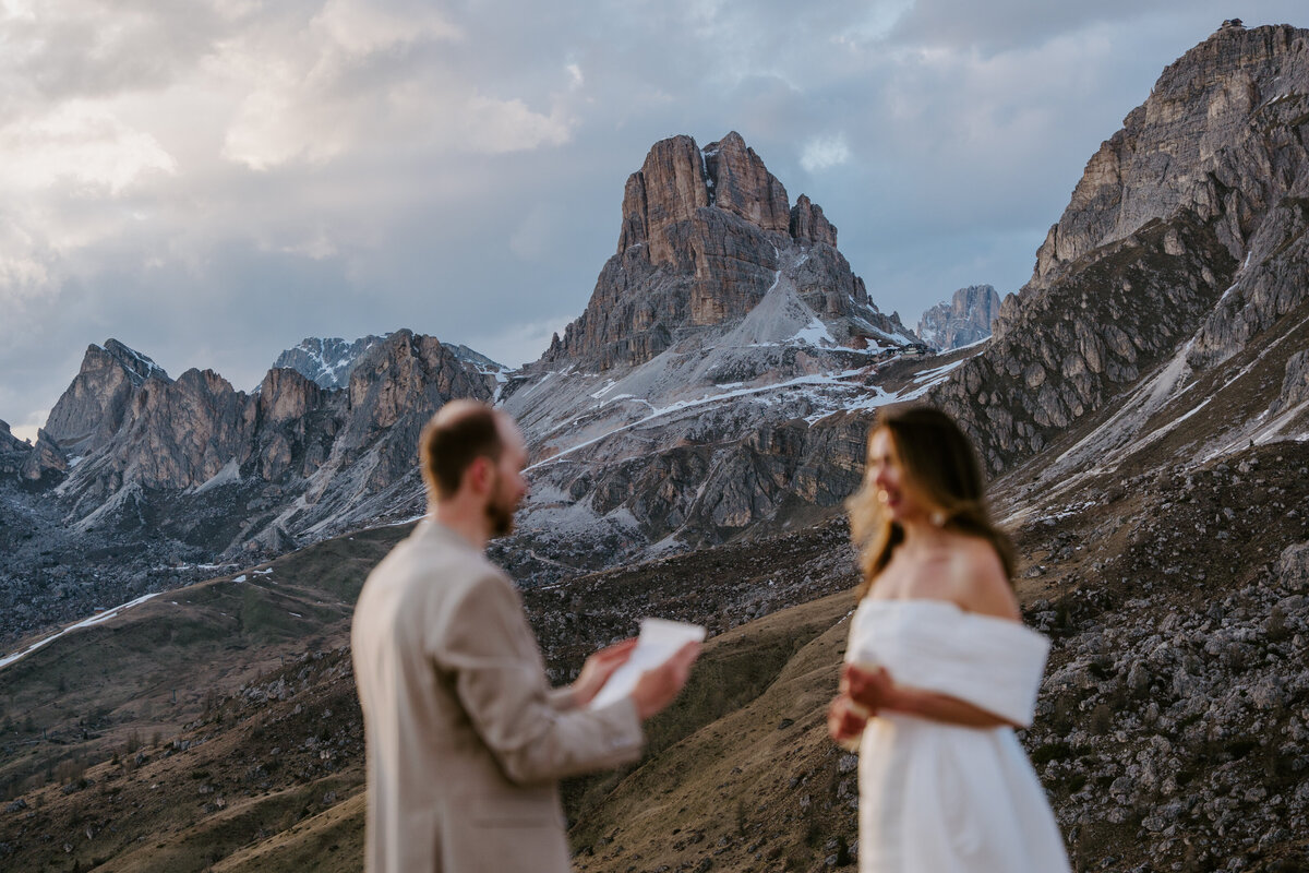 happy couple together in mountain elopement in Dolomites